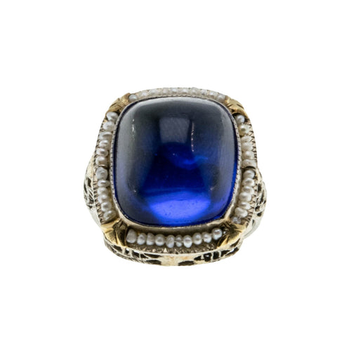 Ocean Starlight - Art Deco 14K Gold Sugar Loaf Sapphire Glass Natural Seed Pearl Filigree Ring (ADR250)