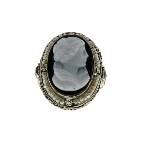 Drama Queen - Art Deco 14K White Gold Black & White Molded Glass Cameo, Natural Seed Pearl Filigree Ring (ADR251)