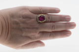 Fantasy In Crimson - Art Deco 14K Gold Fantasy Cut Ruby (Synthetic) & Natural Seed Pearl 'Forget Me Knot' Filigree Ring (ADR303)