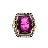 Fantasy In Crimson - Art Deco 14K Gold Fantasy Cut Ruby (Synthetic) & Natural Seed Pearl 'Forget Me Knot' Filigree Ring (ADR303)