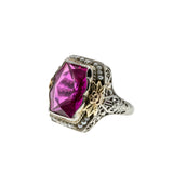 Fantasy In Crimson - Art Deco 14K Gold Fantasy Cut Ruby (Synthetic) & Natural Seed Pearl 'Forget Me Knot' Filigree Ring (ADR303)