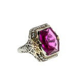 Fantasy In Crimson - Art Deco 14K Gold Fantasy Cut Ruby (Synthetic) & Natural Seed Pearl 'Forget Me Knot' Filigree Ring (ADR303)
