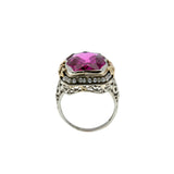 Fantasy In Crimson - Art Deco 14K Gold Fantasy Cut Ruby (Synthetic) & Natural Seed Pearl 'Forget Me Knot' Filigree Ring (ADR303)