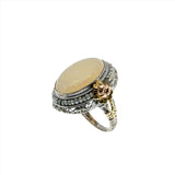 Hypnotic - Art Deco 14K White, Rose, And Yellow Gold Opal & Natural Seed Pearl Filigree Ring (ADR252)