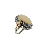 Hypnotic - Art Deco 14K White, Rose, And Yellow Gold Opal & Natural Seed Pearl Filigree Ring (ADR252)