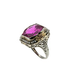 Fantasy In Crimson - Art Deco 14K Gold Fantasy Cut Ruby (Synthetic) & Natural Seed Pearl 'Forget Me Knot' Filigree Ring (ADR303)