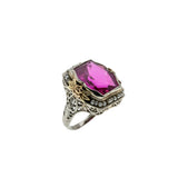Fantasy In Crimson - Art Deco 14K Gold Fantasy Cut Ruby (Synthetic) & Natural Seed Pearl 'Forget Me Knot' Filigree Ring (ADR303)