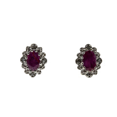 Crimson Classics - Vintage English 9K Gold Natural Ruby & Diamond Cluster Stud Earrings (VE561)