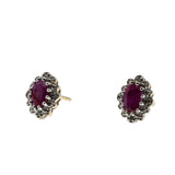 Crimson Classics - Vintage English 9K Gold Natural Ruby & Diamond Cluster Stud Earrings (VE561)