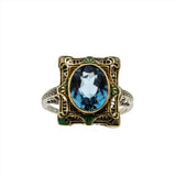 London Blue - Art Deco 14K yellow & White Gold Blue Spinel Enamel Filigree Ring (ADR254)