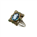 London Blue - Art Deco 14K yellow & White Gold Blue Spinel Enamel Filigree Ring (ADR254)