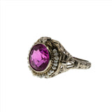 Spring Blush - Art Deco 14K White & Yellow Gold Pink Sapphire & Natural Seed Pearl Filigree Ring (ADR255)