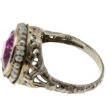 Spring Blush - Art Deco 14K White & Yellow Gold Pink Sapphire & Natural Seed Pearl Filigree Ring (ADR255)