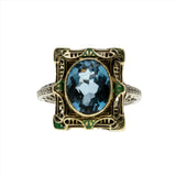 London Blue - Art Deco 14K yellow & White Gold Blue Spinel Enamel Filigree Ring (ADR254)