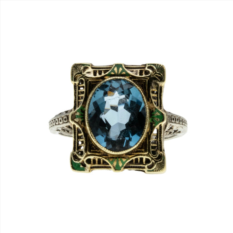 London Blue - Art Deco 14K yellow & White Gold Blue Spinel Enamel Filigree Ring (ADR254)