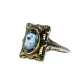 London Blue - Art Deco 14K yellow & White Gold Blue Spinel Enamel Filigree Ring (ADR254)