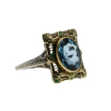 London Blue - Art Deco 14K yellow & White Gold Blue Spinel Enamel Filigree Ring (ADR254)