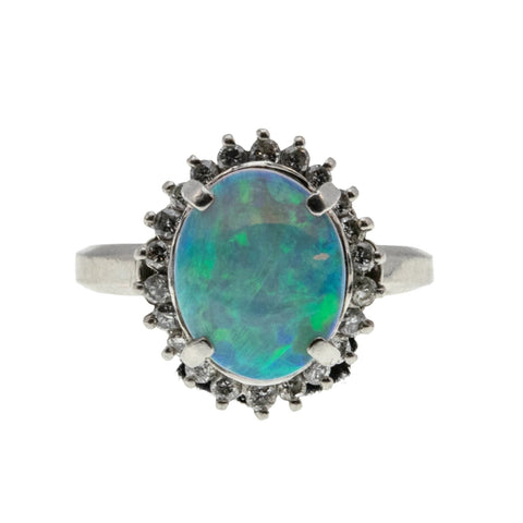 Inner Worlds - Vintage Platinum Australian Opal & Diamond Cluster Ring (VR915)