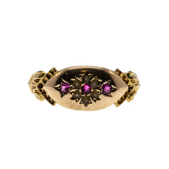Petit Point - Edwardian (Dated 1901) English 15K Gold Ruby & Natural Seed Pearl Flower Ring (EDR072)
