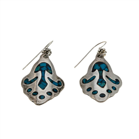 Navajo Revival - Vintage Sterling Silver Crushed Turquoise Inlay Dangly Earrings (VE408)