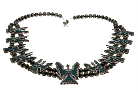 Spirit In The Sky - Vintage Navajo Sterling Silver Crushed Turquoise & Coral Inlay Peyote Bird Necklace (VN185)