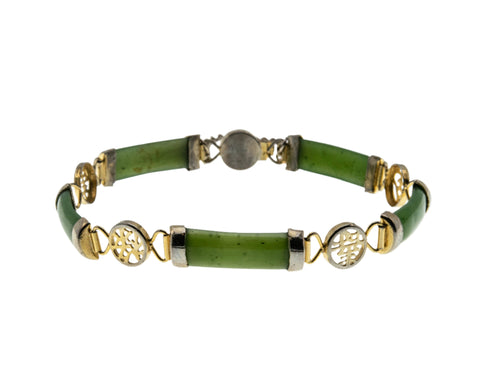 Jewel Of The Orient - Vintage Two Tone Gold Plated Natural Chinese Jade Bracelet (VB097)