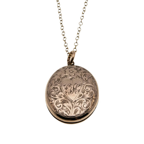 Sentiment - Victorian English 14K Rolled Rose Gold Engraved 'Triple Photo' Folding Locket Pendant & 14K Gold Filled Chain (VICP118)