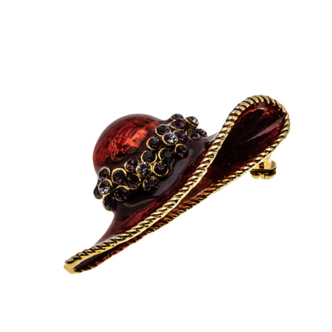 You Can Leave Your Hat On - Vintage Gold Plated Red Enamel & Crystal Rhinestone Hat Brooch (VBR255)