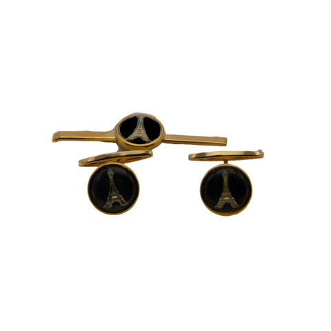 Paris Nights- Vintage French 'Crésor' Gold Plated Black Onyx Enamel Eiffel Tower Tie Bar & Cufflink Set  Including The Original Box (VA014)