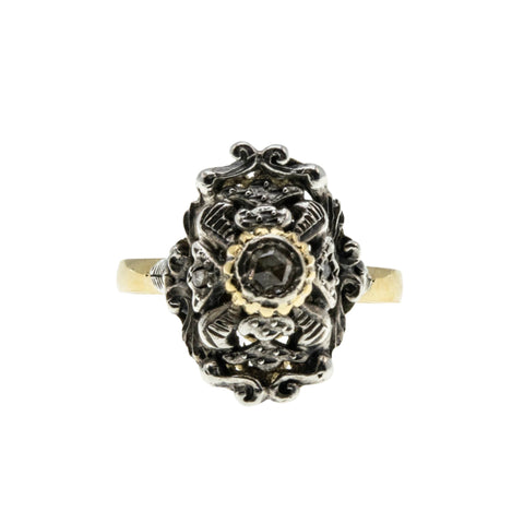 Go Baroque - Vintage Dutch 18K Gold & Sterling Silver Rose Cut Diamond Ornate Baroque Revival Ring (VR922)