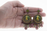 Michal Negrin - Vintage Victorian Revival Bronze Austrian Swarovski Crystal Rhinestone & Cloisonné Portrait Chandelier Earrings (VE414)