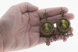 Michal Negrin - Vintage Victorian Revival Bronze Austrian Swarovski Crystal Rhinestone & Cloisonné Portrait Chandelier Earrings (VE414)