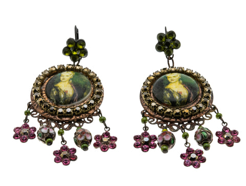 Michal Negrin - Vintage Victorian Revival Bronze Austrian Swarovski Crystal Rhinestone & Cloisonné Portrait Chandelier Earrings (VE414)