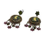 Michal Negrin - Vintage Victorian Revival Bronze Austrian Swarovski Crystal Rhinestone & Cloisonné Portrait Chandelier Earrings (VE414)