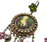 Michal Negrin - Vintage Victorian Revival Bronze Austrian Swarovski Crystal Rhinestone & Cloisonné Portrait Chandelier Earrings (VE414)
