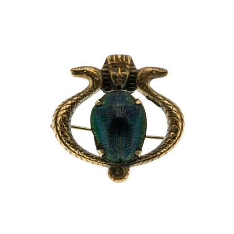 Egyptian Revival -  Victorian English Brass Genuine Iridescent Green Scarab Beetle, Pharaoh & Serpent Brooch (VICBR033)