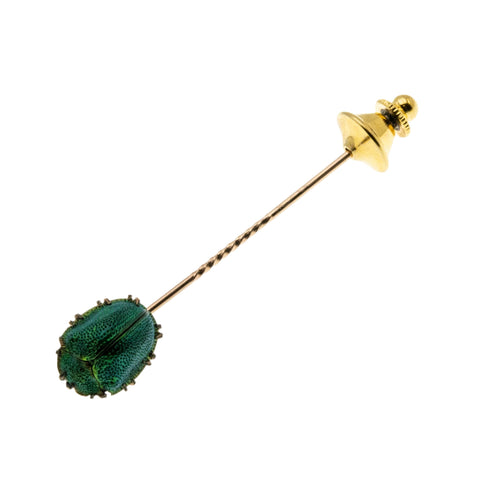 Egyptian Revival - Victorian English 14K Rose Gold Genuine Iridescent Green Scarab Beetle Stick Pin Brooch (VICBR034)