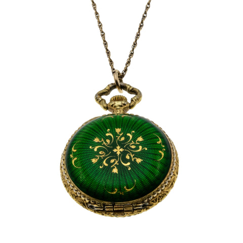 Caravelle - Vintage Gold Plated Emerald Green Enamel Pendant/Pocket Watch & 14K GF Chain (VP223)