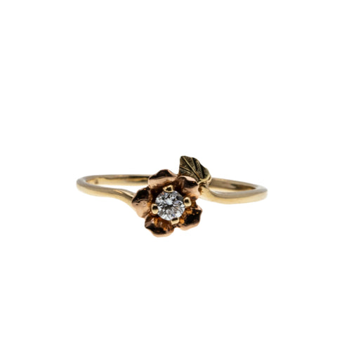 Shimmering Rose - Vintage 14K Rose & Yellow Gold Diamond Flower Ring (VR933)