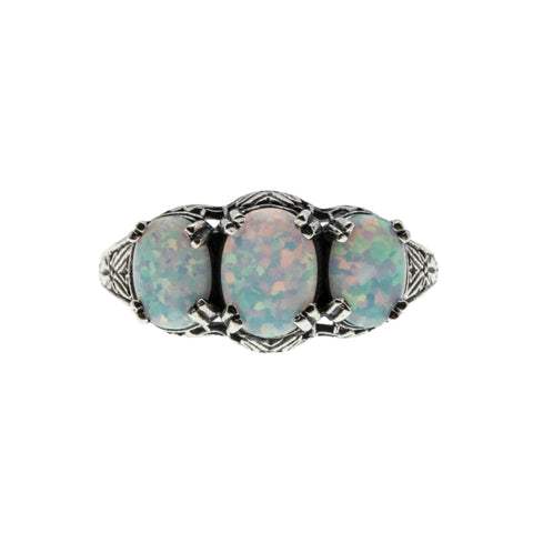 Discovery - Estate Edwardian Revival Sterling Silver Opal Trio Engraved Filigree Ring (ER355)