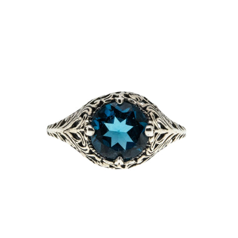 Classically Blue - Estate Sterling Silver Natural London Blue Topaz Filigree Ring (ER357)