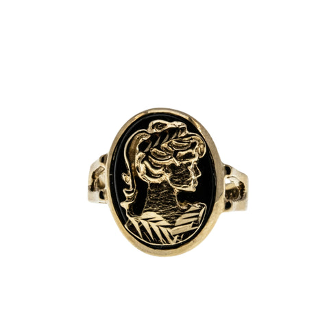 Portrait Of Gold - Vintage 10K Gold Black Onyx & Golden Lady Cameo Ring (VR939)