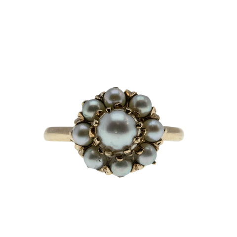 Snow Flower - Vintage 10K Gold Cultured Saltwater Japanese Akoya Pearl Coronet Cluster Ring (VR945)