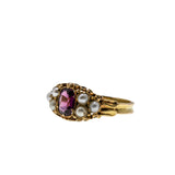 Victoria's Reign - Victorian English 18K Gold Almandine Garnet & Natural Pearl Ring (VICR171)