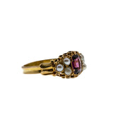 Victoria's Reign - Victorian English 18K Gold Almandine Garnet & Natural Pearl Ring (VICR171)