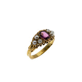 Victoria's Reign - Victorian English 18K Gold Almandine Garnet & Natural Pearl Ring (VICR171)