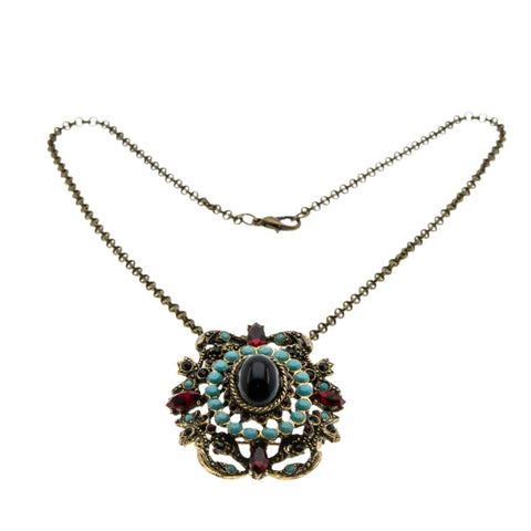 Victorian Revival - Vintage Bronzed Crystal Rhinestone & Turquoise Glass Ornate Pendant/Brooch & Chain (VP229)