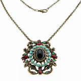 Victorian Revival - Vintage Bronzed Crystal Rhinestone & Turquoise Glass Ornate Pendant/Brooch & Chain (VP229)