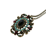 Victorian Revival - Vintage Bronzed Crystal Rhinestone & Turquoise Glass Ornate Pendant/Brooch & Chain (VP229)