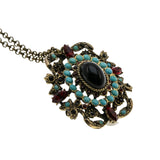 Victorian Revival - Vintage Bronzed Crystal Rhinestone & Turquoise Glass Ornate Pendant/Brooch & Chain (VP229)